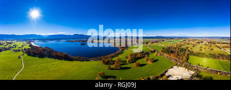 Germany, Bavaria, East Allgaeu, Garmisch-Partenkirchen district, Alpine Foreland, Aerial view of Staffelsee lake with islands Stock Photo