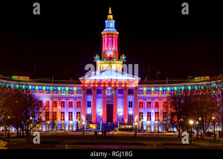 December Night at Denver City Hall - December night view of Denver City and County Building at Civic Center, Downtown Denver, Colorado, USA. Stock Photo