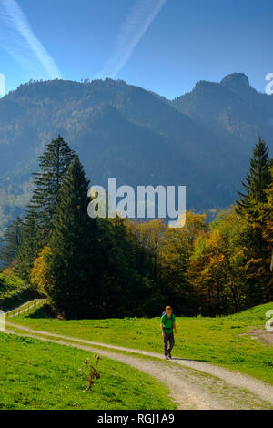 Germany, Bavaria, Upper Bavaria, Chiemgau, near Schleching, Achen Valley, hiker on hiking trail