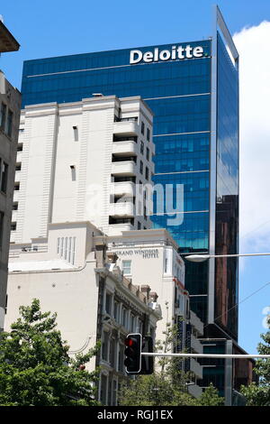 New Zealand headquarters of consulting company Deloitte on Queens Street in Auckland, New Zealand, Stock Photo