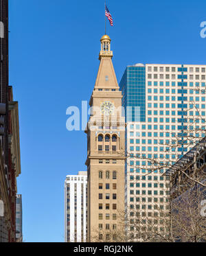 The Daniels and Fisher Tower - A winter day view of Daniels and Fisher Tower, a historic landmark located on 16th street in Downtown Denver, CO, USA. Stock Photo