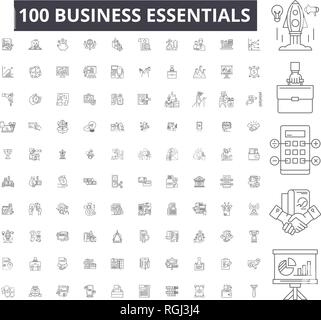 Business essentials editable line icons, 100 vector set, collection. Business essentials black outline illustrations, signs, symbols Stock Vector