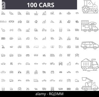 Cars editable line icons, 100 vector set, collection. Cars black outline illustrations, signs, symbols Stock Vector