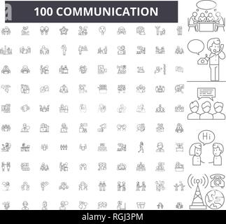 Communication editable line icons, 100 vector set, collection. Communication black outline illustrations, signs, symbols Stock Vector