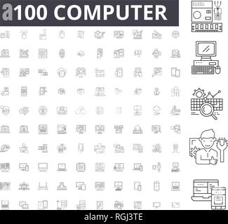 Computer editable line icons, 100 vector set, collection. Computer black outline illustrations, signs, symbols Stock Vector