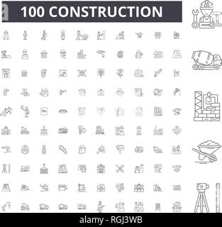 Construction editable line icons, 100 vector set, collection. Construction black outline illustrations, signs, symbols Stock Vector