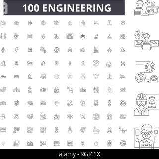 Engineering editable line icons, 100 vector set, collection. Engineering black outline illustrations, signs, symbols Stock Vector