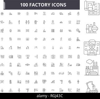 Factory editable line icons, 100 vector set, collection. Factory black outline illustrations, signs, symbols Stock Vector