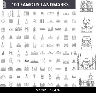 Famous landmarks editable line icons, 100 vector set, collection. Famous landmarks black outline illustrations, signs, symbols Stock Vector