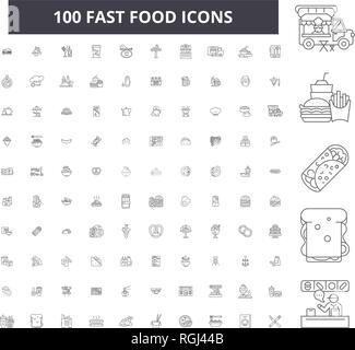 Fast food editable line icons, 100 vector set, collection. Fast food black outline illustrations, signs, symbols Stock Vector