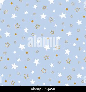Hand drawn doodle stars on sky blue background vector seamless pattern. Cute print perfect for kids, babies Stock Vector