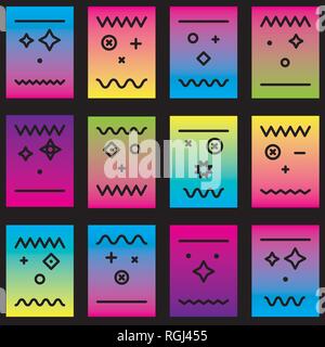 Memphis Style Abstract Faces Colorful Geometry Seamless Pattern with Gradients Stock Vector