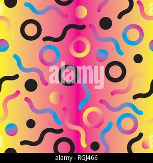 Abstract Colorful Circles and Lines Seamless Pattern. Memphis Style with Gradients Stock Vector