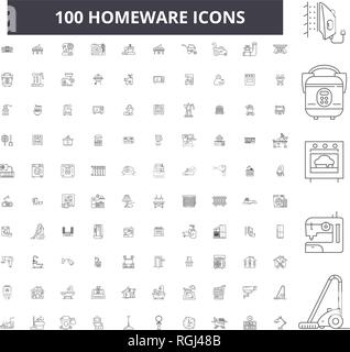 Homeware editable line icons, 100 vector set, collection. Homeware black outline illustrations, signs, symbols Stock Vector