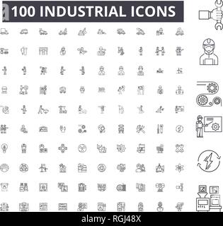 Industrial editable line icons, 100 vector set, collection. Industrial black outline illustrations, signs, symbols Stock Vector