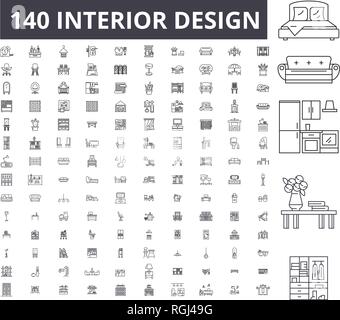 Interior design editable line icons, 100 vector set, collection. Interior design black outline illustrations, signs, symbols Stock Vector