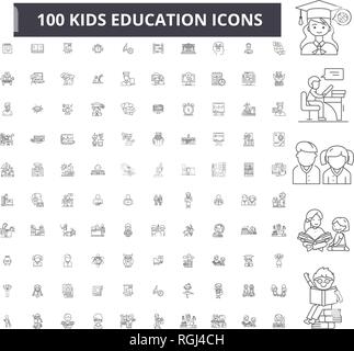 Kids education editable line icons, 100 vector set, collection. Kids education black outline illustrations, signs, symbols Stock Vector