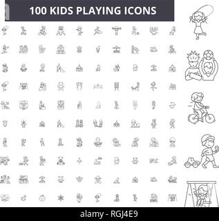 Kids playing editable line icons, 100 vector set, collection. Kids playing black outline illustrations, signs, symbols Stock Vector