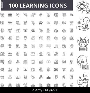 Learning editable line icons, 100 vector set, collection. Learning black outline illustrations, signs, symbols Stock Vector