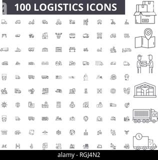 Logistics editable line icons, 100 vector set, collection. Logistics black outline illustrations, signs, symbols Stock Vector