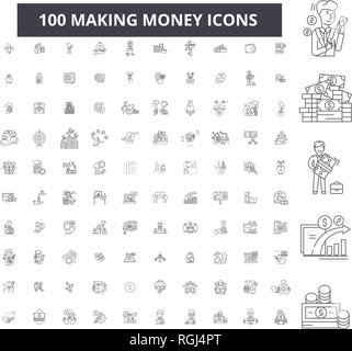 Making money editable line icons, 100 vector set, collection. Making money black outline illustrations, signs, symbols Stock Vector