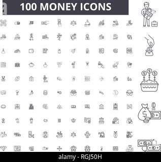 Money editable line icons, 100 vector set, collection. Money black outline illustrations, signs, symbols Stock Vector