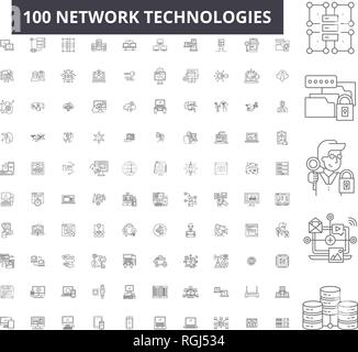 Network technologies editable line icons, 100 vector set, collection. Network technologies black outline illustrations, signs, symbols Stock Vector
