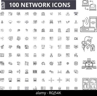 Network editable line icons, 100 vector set, collection. Network black outline illustrations, signs, symbols Stock Vector