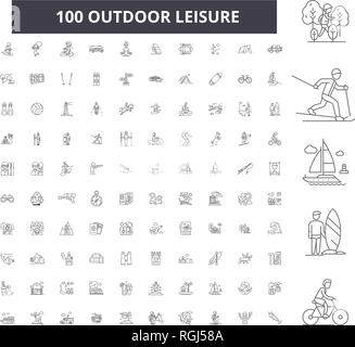 Outdoor leisure editable line icons, 100 vector set, collection. Outdoor leisure black outline illustrations, signs, symbols Stock Vector