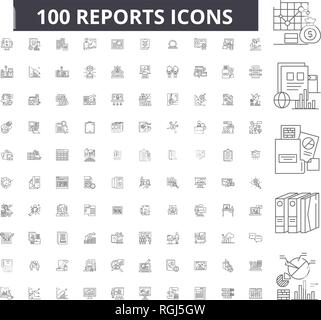 Reports editable line icons, 100 vector set, collection. Reports black outline illustrations, signs, symbols Stock Vector
