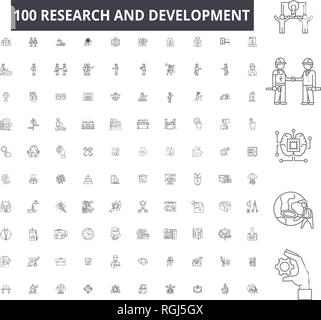 Research and development editable line icons, 100 vector set, collection. Research and development black outline illustrations, signs, symbols Stock Vector