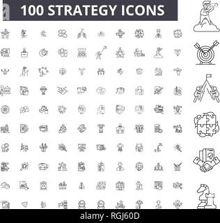 Strategy editable line icons, 100 vector set, collection. Strategy black outline illustrations, signs, symbols Stock Vector