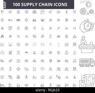 Supply chain editable line icons, 100 vector set, collection. Supply chain black outline illustrations, signs, symbols Stock Vector