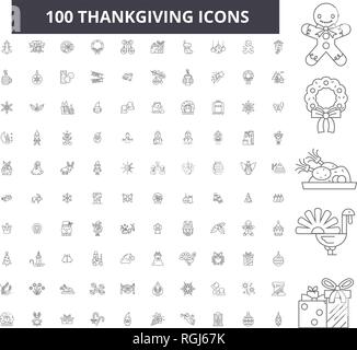 Thankgiving editable line icons, 100 vector set, collection. Thankgiving black outline illustrations, signs, symbols Stock Vector