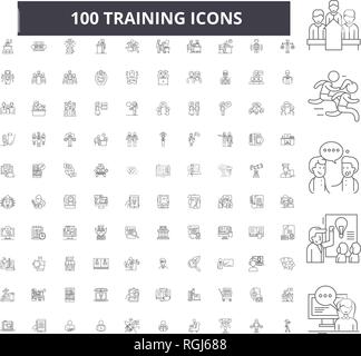 Training editable line icons, 100 vector set, collection. Training black outline illustrations, signs, symbols Stock Vector