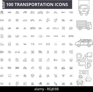 Transportation editable line icons, 100 vector set, collection. Transportation black outline illustrations, signs, symbols Stock Vector