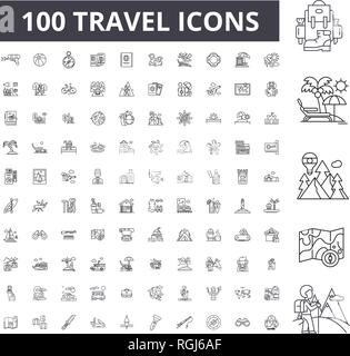 Travel editable line icons, 100 vector set, collection. Travel black outline illustrations, signs, symbols Stock Vector