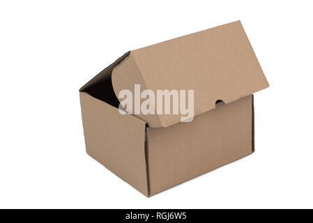 Isolated shot of opened blank cardboard box on white background Stock Photo