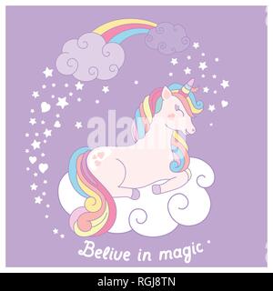 Hand drawn cartoon vector card with cute unicorn. Stock Vector