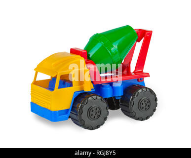 Colorful toy cement mixer machine on white background. Stock Photo