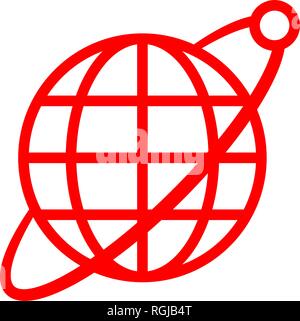 Globe symbol icon with orbit and satellite - red simple, isolated - vector illustration Stock Vector