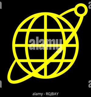 Globe symbol icon with orbit and satellite - yellow simple, isolated - vector illustration Stock Vector