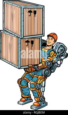 container loader. working in the exoskeleton. Pop art retro vector illustration kitsch vintage drawing Stock Vector