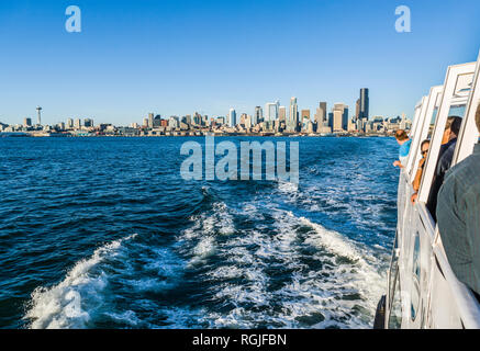 The West Seattle Water Taxi leaving for downtown Seattle on Elliott Bay, USA. Stock Photo