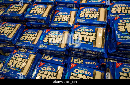 Packages of Mondelez International's Nabisco brand Oreo Cookies, with extra creme filling, in a supermarket in New York on Monday, January 28, 2019.  (Â© Richard B. Levine) Stock Photo