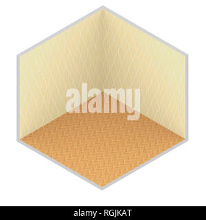 3d isometric rendering illustration of empty room with wooden floor and yellow wallpaper Stock Photo