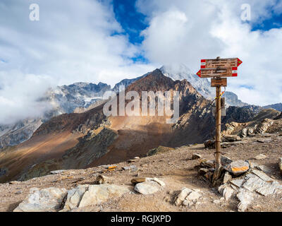 Italy, Ortler Alps, sign post, Gran Zebru in the background Stock Photo