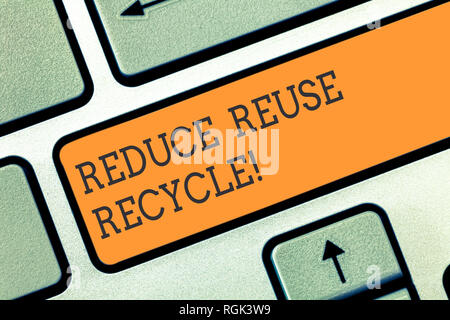 Conceptual hand writing showing Reduce Reuse Recycle. Business photo showcasing Cut down on the amount of garbage we make each year Keyboard key Inten Stock Photo