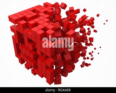 dissolving data block. made with smaller red cubes. 3d pixel style vector illustration. Stock Vector