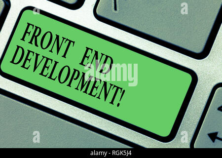 Handwriting text writing Front End Development. Concept meaning Altering data to graphical interface for user to view Keyboard key Intention to create Stock Photo